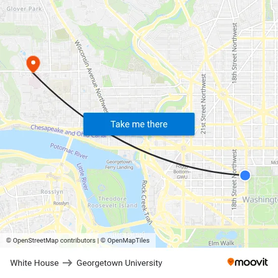 White House to Georgetown University map