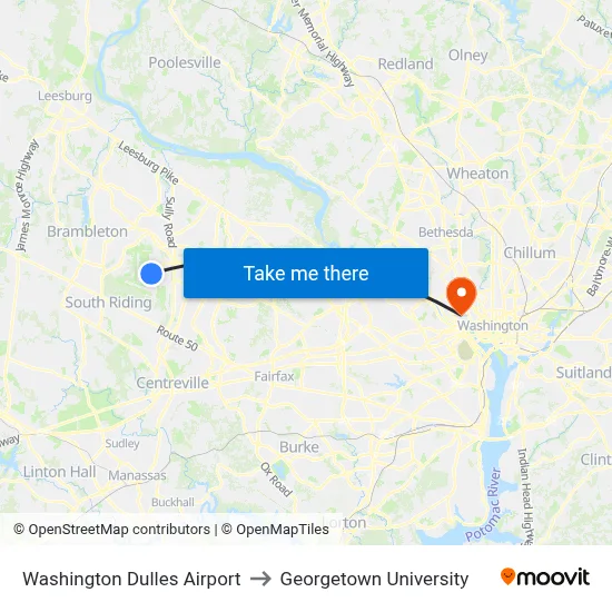 Washington Dulles Airport to Georgetown University map