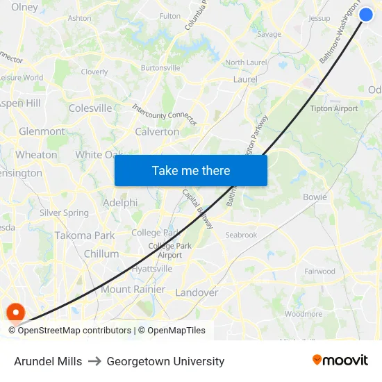 Arundel Mills to Georgetown University map