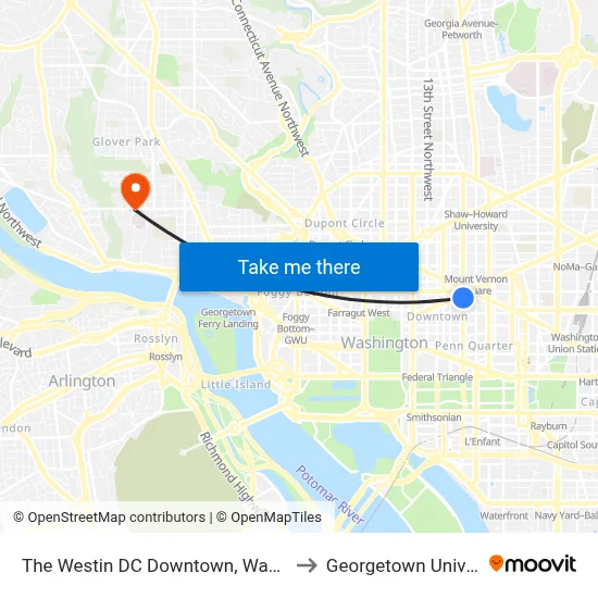 The Westin DC Downtown, Washington to Georgetown University map
