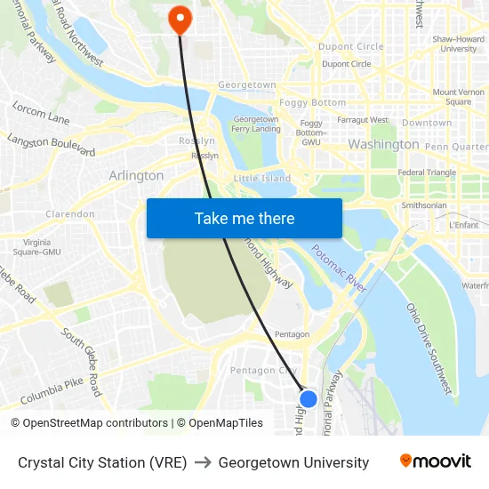 Crystal City Station (VRE) to Georgetown University map