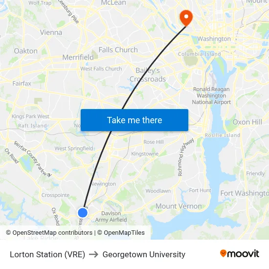 Lorton Station (VRE) to Georgetown University map