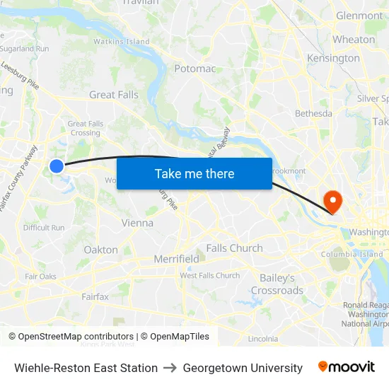 Wiehle-Reston East Station to Georgetown University map