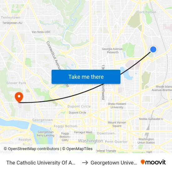 The Catholic University Of America to Georgetown University map