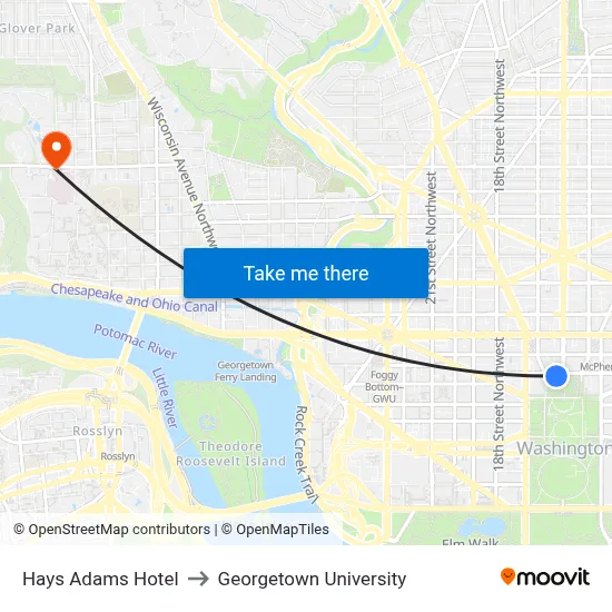 Hays Adams Hotel to Georgetown University map