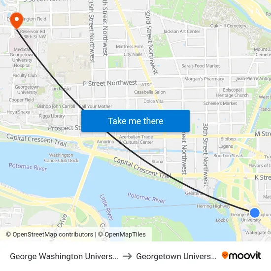 George Washington University to Georgetown University map