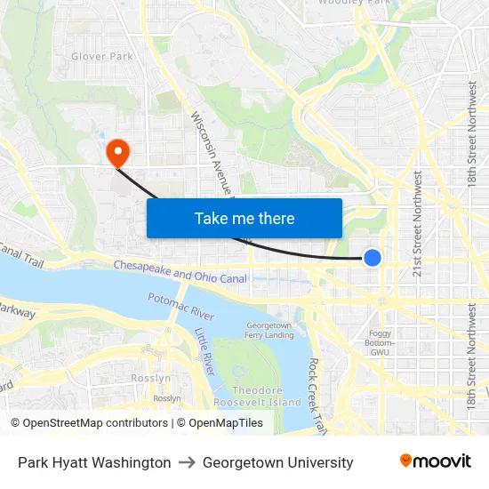 Park Hyatt Washington to Georgetown University map