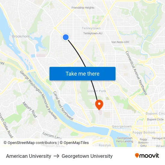 American University to Georgetown University map