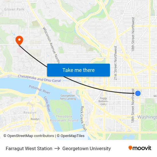 Farragut West Station to Georgetown University map