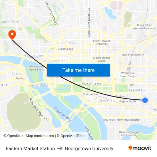 Eastern Market Station to Georgetown University map