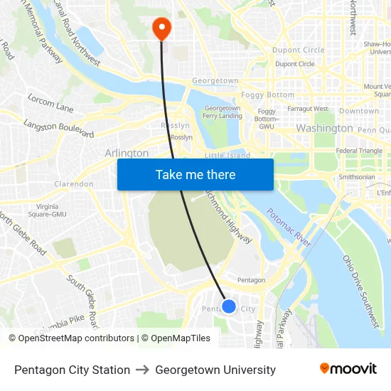Pentagon City Station to Georgetown University map