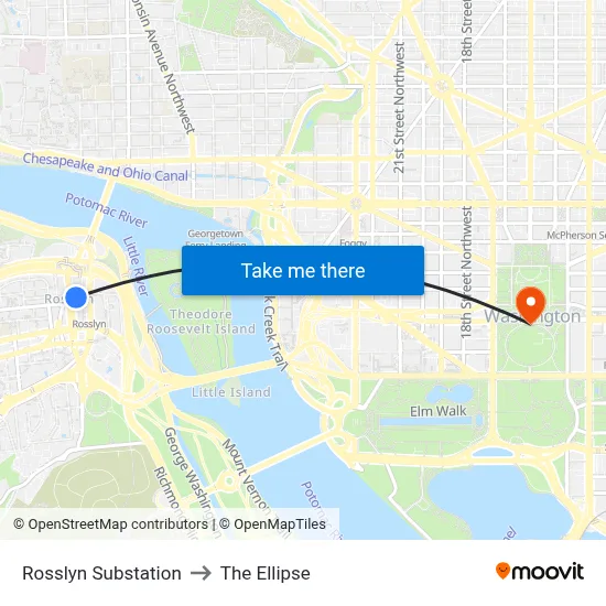 Rosslyn Substation to The Ellipse map