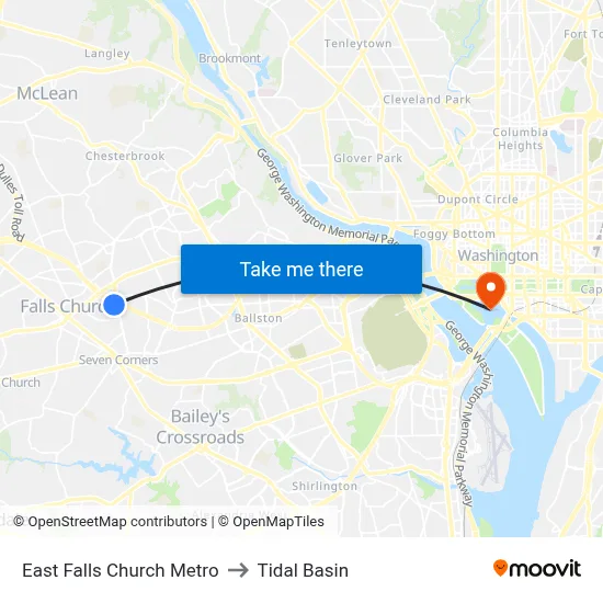 East Falls Church Metro to Tidal Basin map