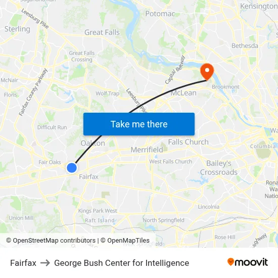 Fairfax to George Bush Center for Intelligence map