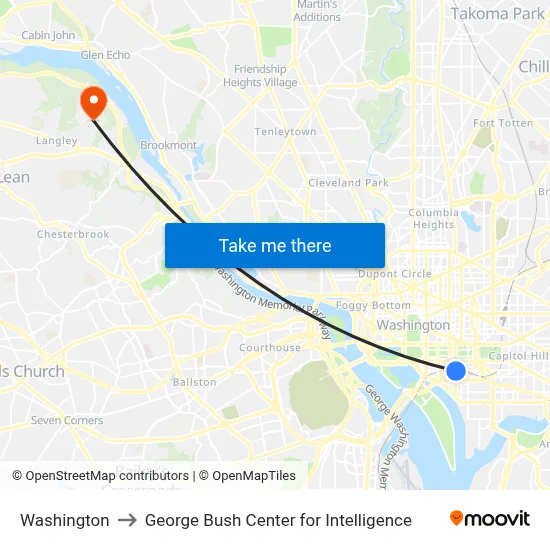 Washington to George Bush Center for Intelligence map