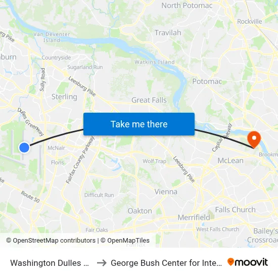 Washington Dulles Airport to George Bush Center for Intelligence map