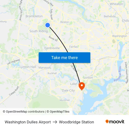 Washington Dulles Airport to Woodbridge Station map