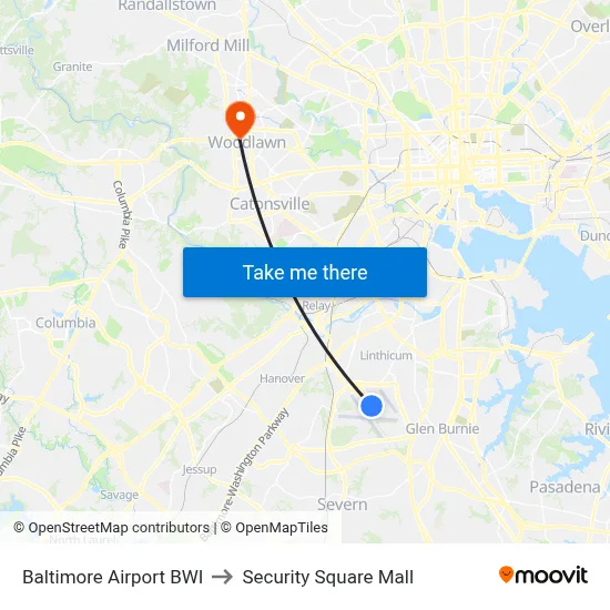 Baltimore Airport BWI to Security Square Mall map