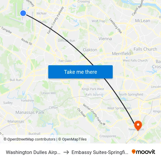 Washington Dulles Airport to Embassy Suites-Springfield map