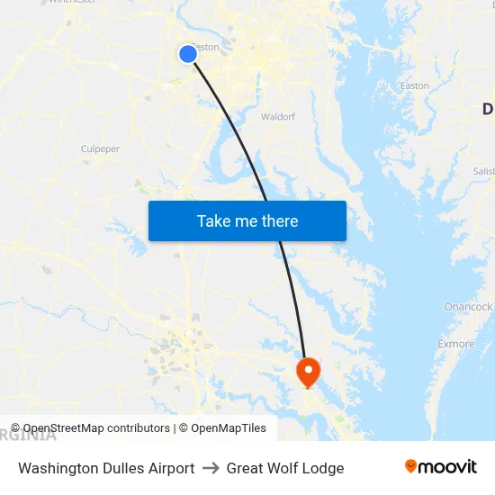 Washington Dulles Airport to Great Wolf Lodge map