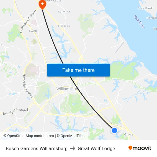 Busch Gardens Williamsburg to Great Wolf Lodge map