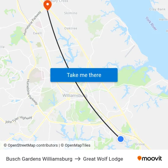 Busch Gardens Williamsburg to Great Wolf Lodge map