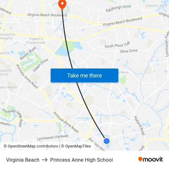 Virginia Beach to Princess Anne High School map