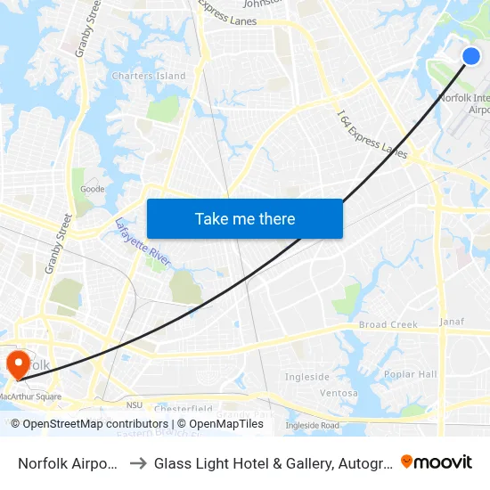 Norfolk Airport (ORF) to Glass Light Hotel & Gallery, Autograph Collection map