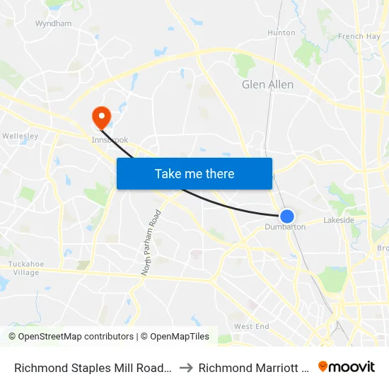 Richmond Staples Mill Road Amtrak Station to Richmond Marriott Short Pump map