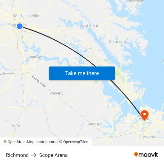 Richmond to Scope Arena map
