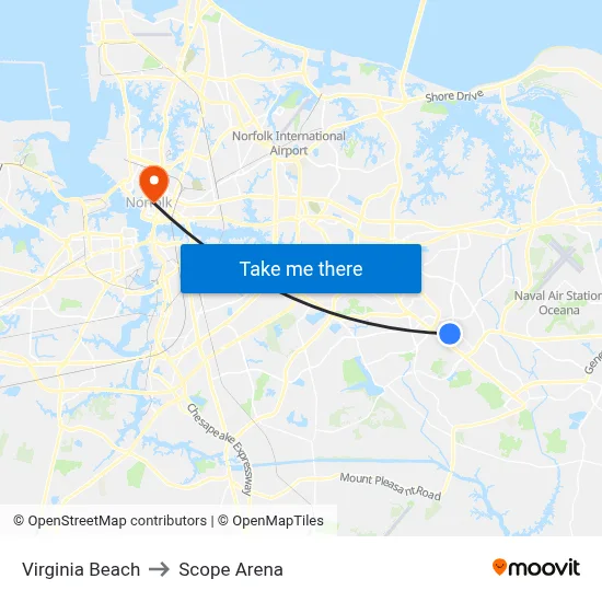 Virginia Beach to Scope Arena map