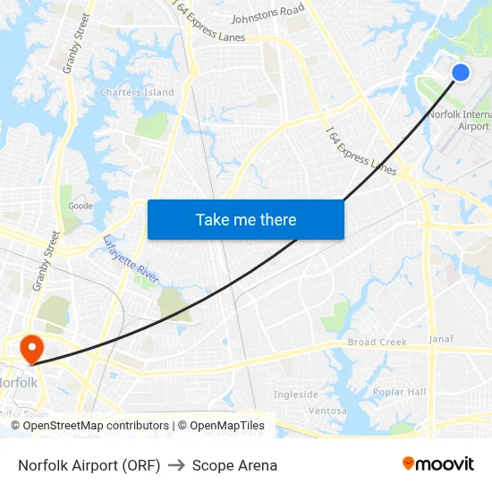 Norfolk Airport (ORF) to Scope Arena map