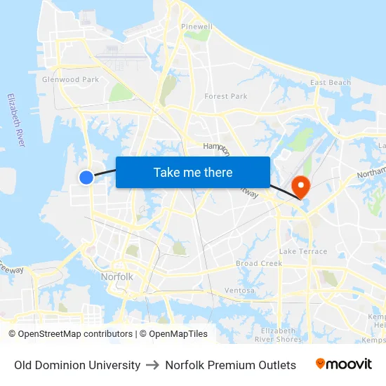 Old Dominion University to Norfolk Premium Outlets map