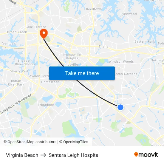 Virginia Beach to Sentara Leigh Hospital map