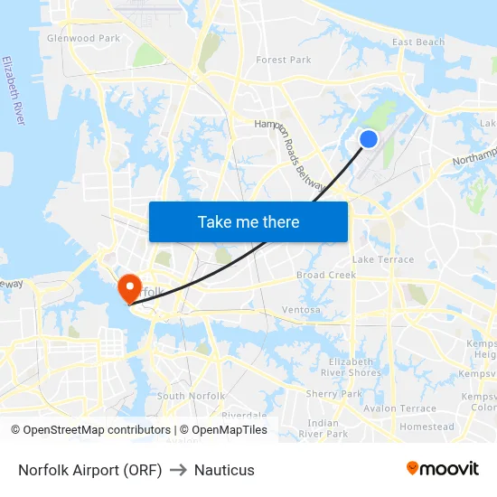 Norfolk Airport (ORF) to Nauticus map