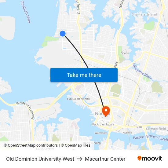 Old Dominion University-West to Macarthur Center map