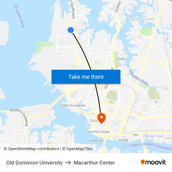 Old Dominion University to Macarthur Center map