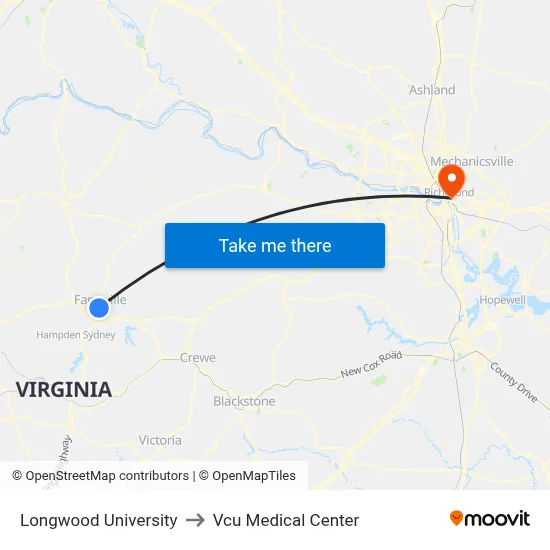 Longwood University to Vcu Medical Center map