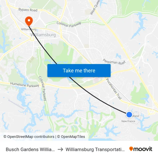 Busch Gardens Williamsburg to Williamsburg Transportation Center map