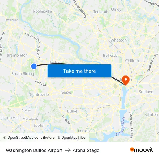 Washington Dulles Airport to Arena Stage map