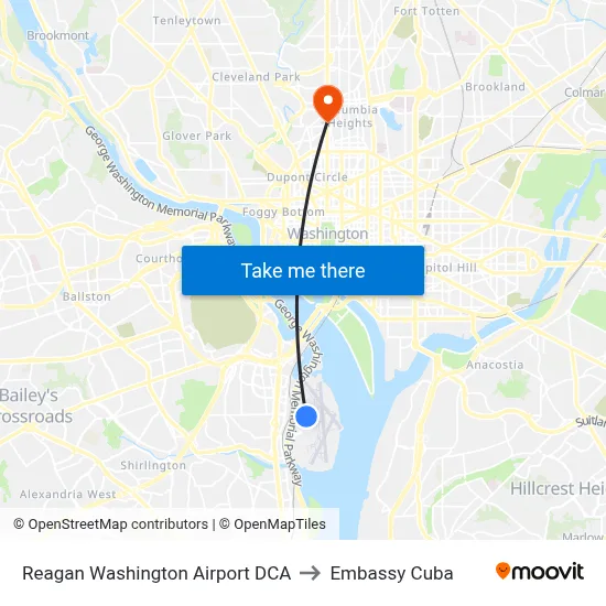 Reagan Washington Airport DCA to Embassy Cuba map