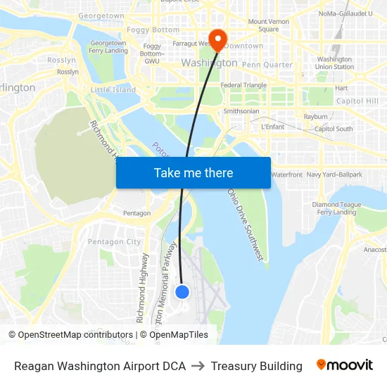 Reagan Washington Airport DCA to Treasury Building map