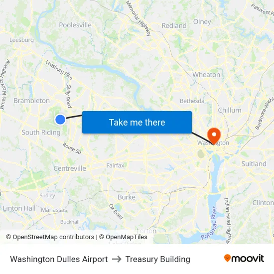 Washington Dulles Airport to Treasury Building map