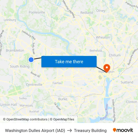 Washington Dulles Airport (IAD) to Treasury Building map