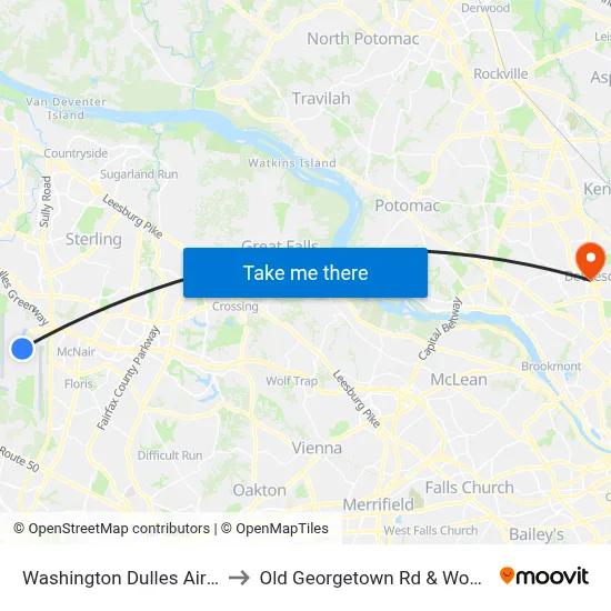 Washington Dulles Airport (IAD) to Old Georgetown Rd & Woodmont Ave map
