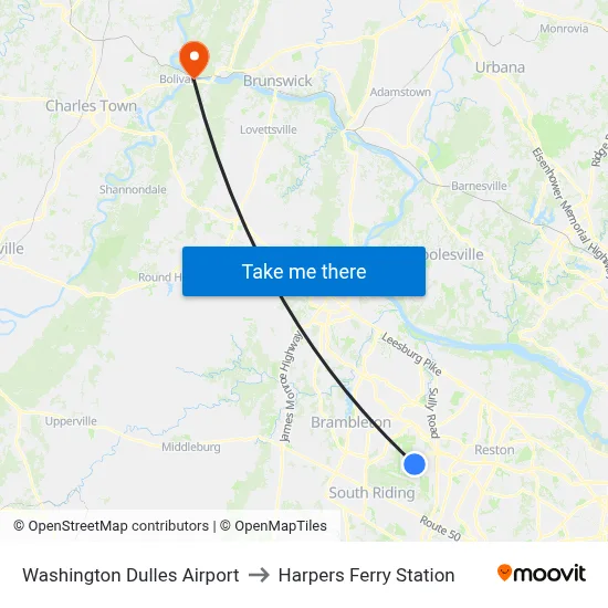 Washington Dulles Airport to Harpers Ferry Station map