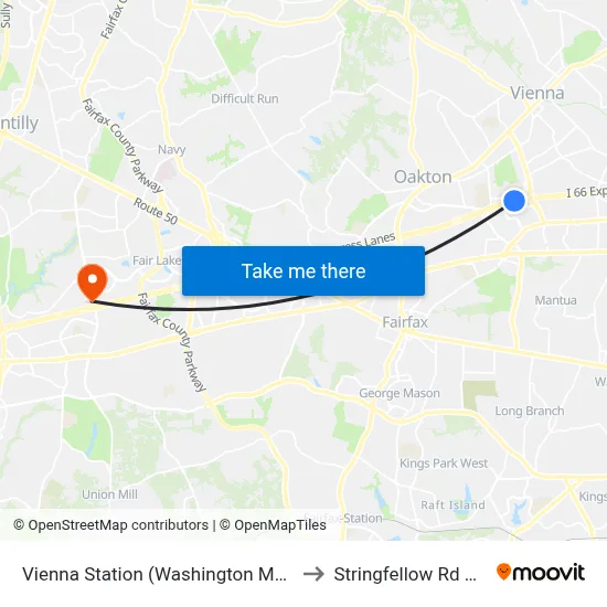 Vienna Station (Washington Metro) to Stringfellow Rd P+R map