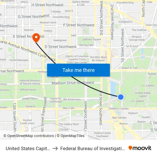 United States Capitol to Federal Bureau of Investigation map