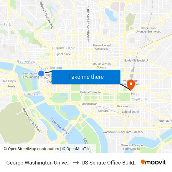 George Washington University to US Senate Office Buildings map