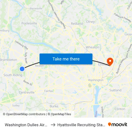 Washington Dulles Airport to Hyattsville Recruiting Station map